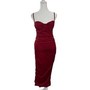 Love Dress Red Satin Midi Dress Ruched Bodycon Spaghetti Strap Cocktail S